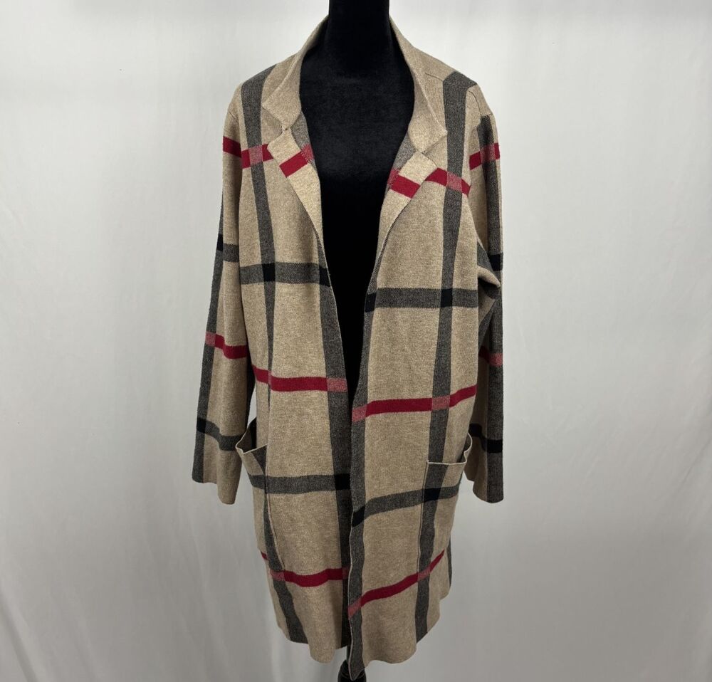 Tahari Long Tan Red Plaid Duster Cardigan Coatigan Luxe Sweater 2X